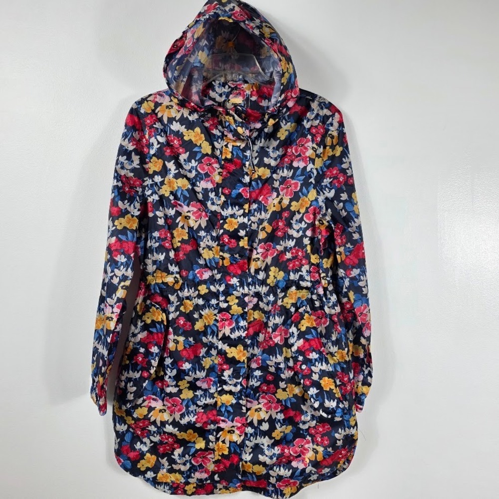 Jones Rain Jacket Women 6 Blue Floral Oversized Packable Waterproof Hooded - Picture 2 of 8